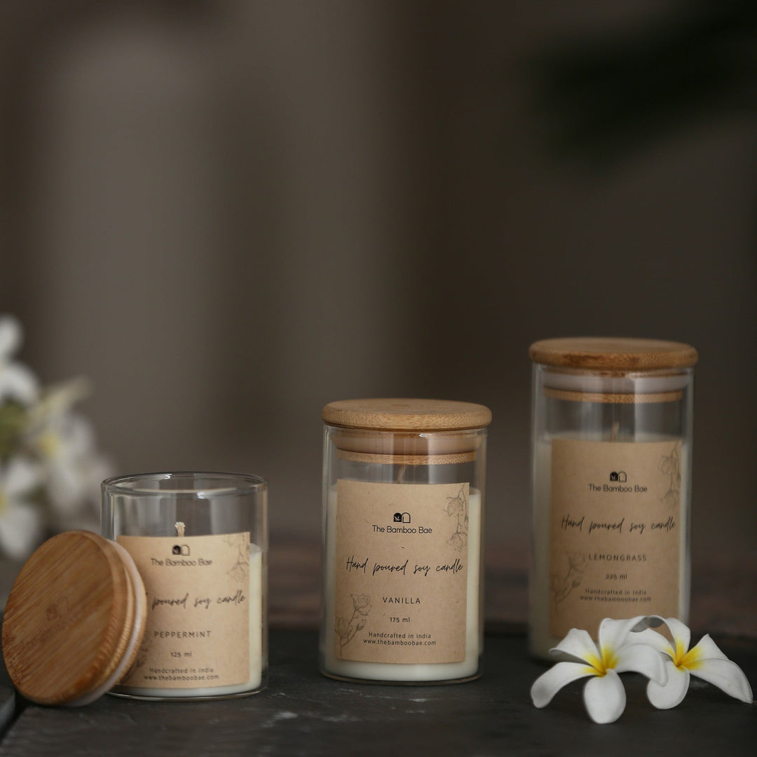 Bamboo Lid Jar Soy Candles | Set of 3 | Peppermint | Vanilla | Lemon Grass