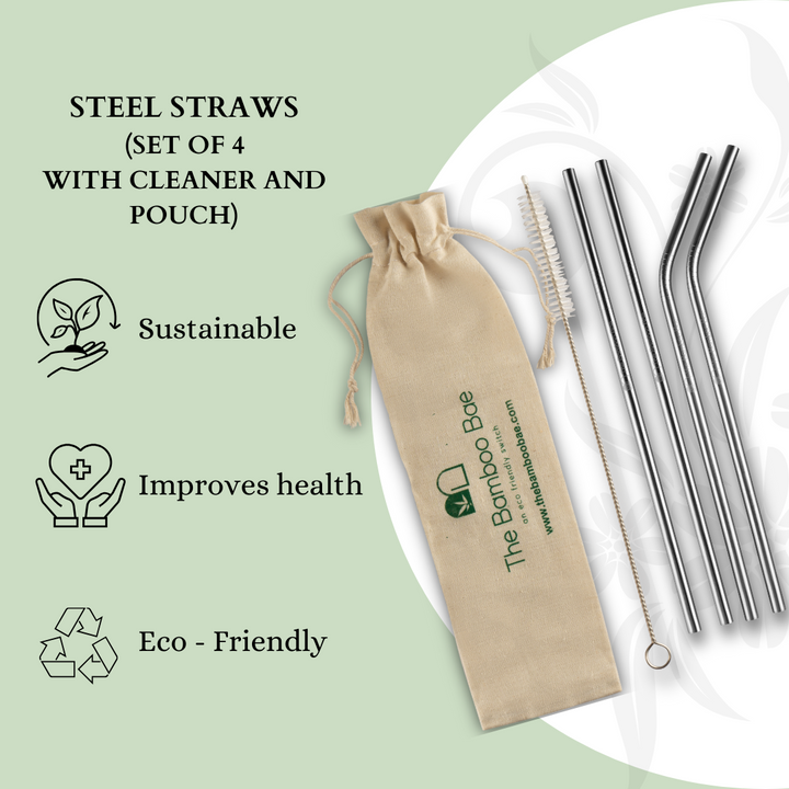 Steel Straws | Reusable Straws 2 Bent + 2 Straight + 1 Cleaner + 1 Pouch | Eco friendly Straws