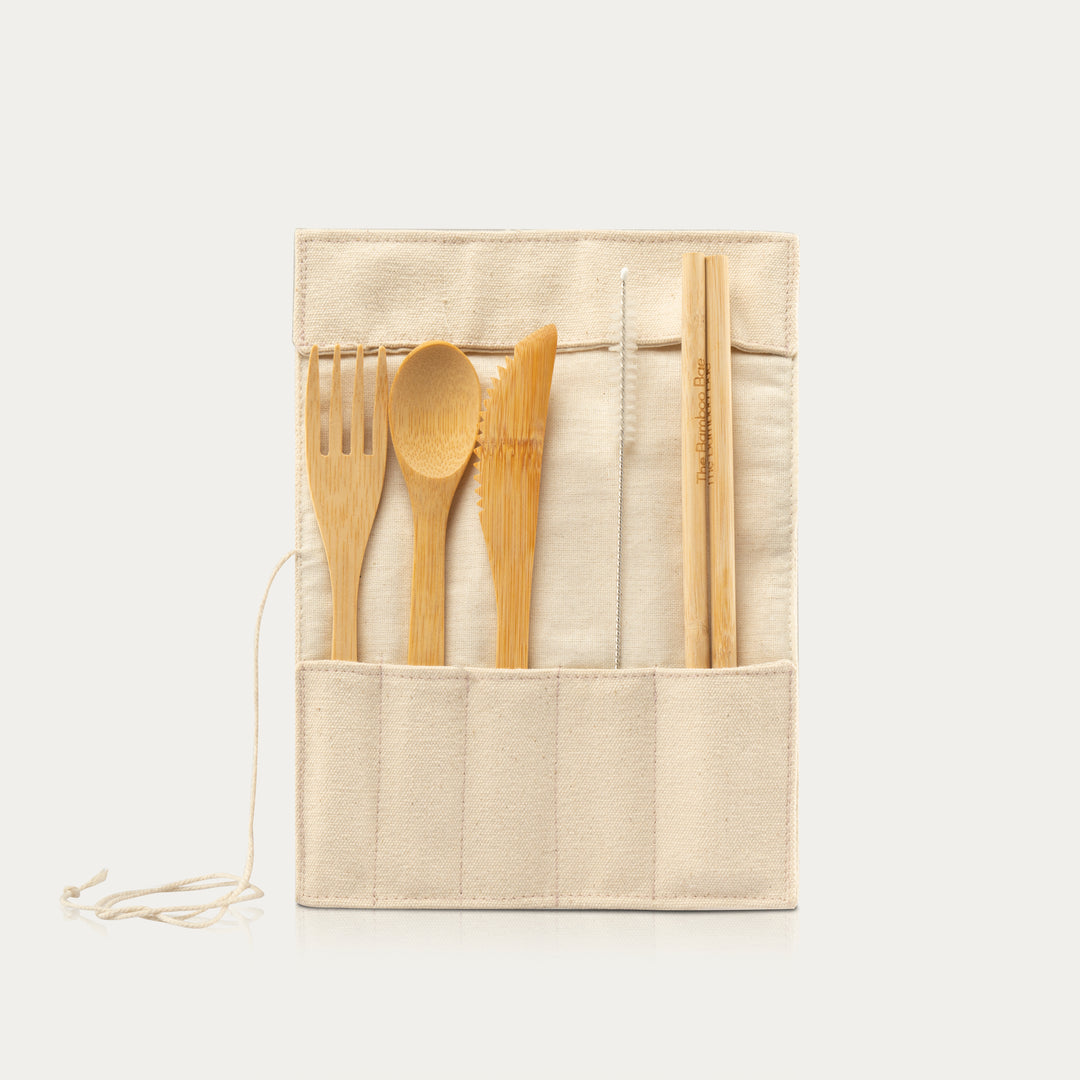 Bamboo Cutlery | Handmade & Eco Friendly Reusable Travel Cutlery | Set of Spoon, Fork, Knife, Straws with Cleaner & Cotton Pouch