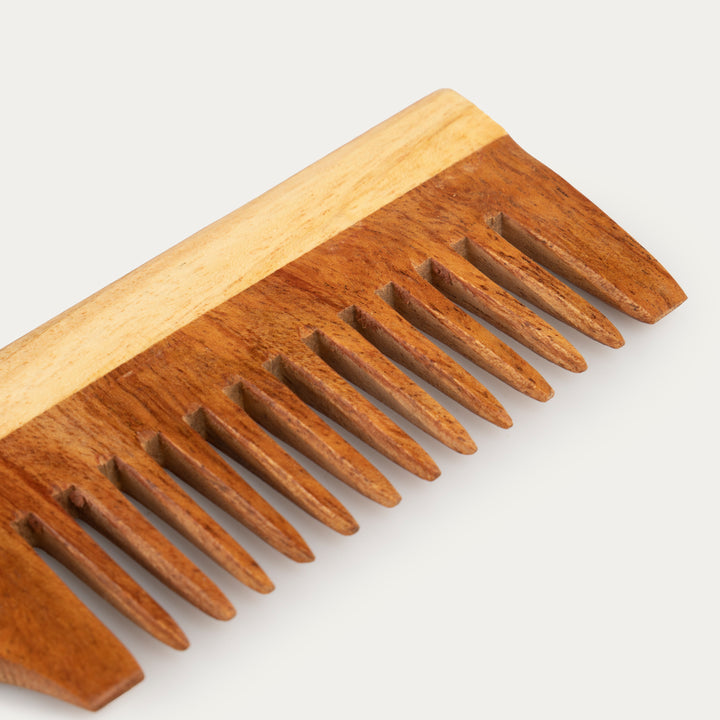 Detangling Neem Wood Comb with Handle | Wide Spaced Teeth | Handmade Neem Comb