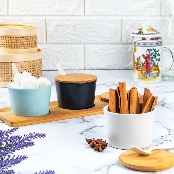 Bamboo Fiber Condiment Bowl Set | Set of 3 with Bamboo Tray | Spices Sugar Salt Jar Wooden Lid Spoon